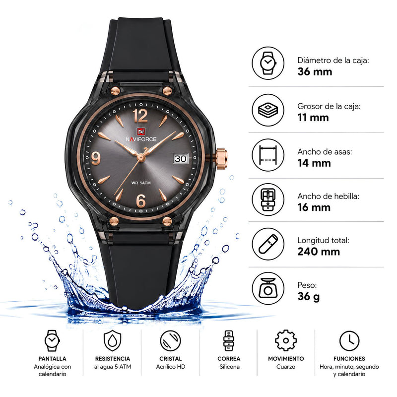 Naviforce Reloj Analógico negro con detalles dorados con Correa de Silicona, Diámetro de 36 mm, Cristal Acrílico HD y Resistencia al Agua 5 ATM