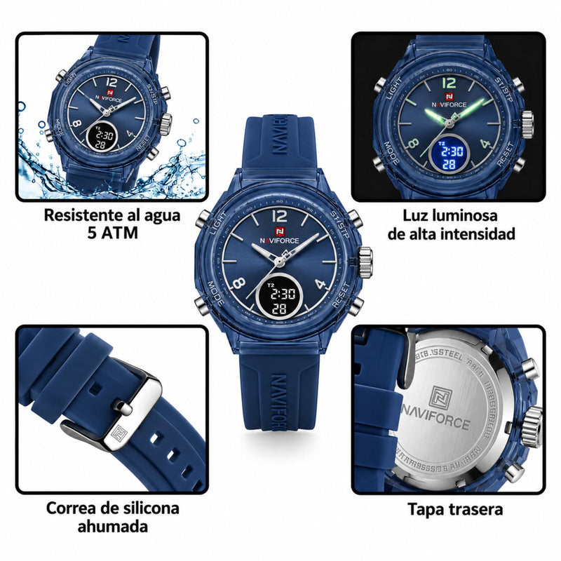 Naviforce Reloj Analógico y Digital Azul Oscuro con Pantalla LCD, Correa de Silicona, Diámetro de 35 mm y Resistencia al Agua 5 ATM.