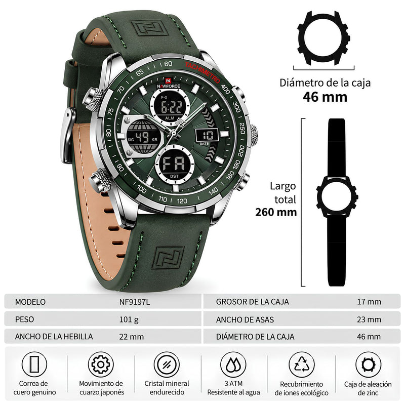 Naviforce Reloj Analógico y Digital plateado con Esfera y Correa Verde de Cuero Genuino, Diámetro de 46 mm, Cristal Mineral Endurecido y Resistencia al Agua 3 ATM.