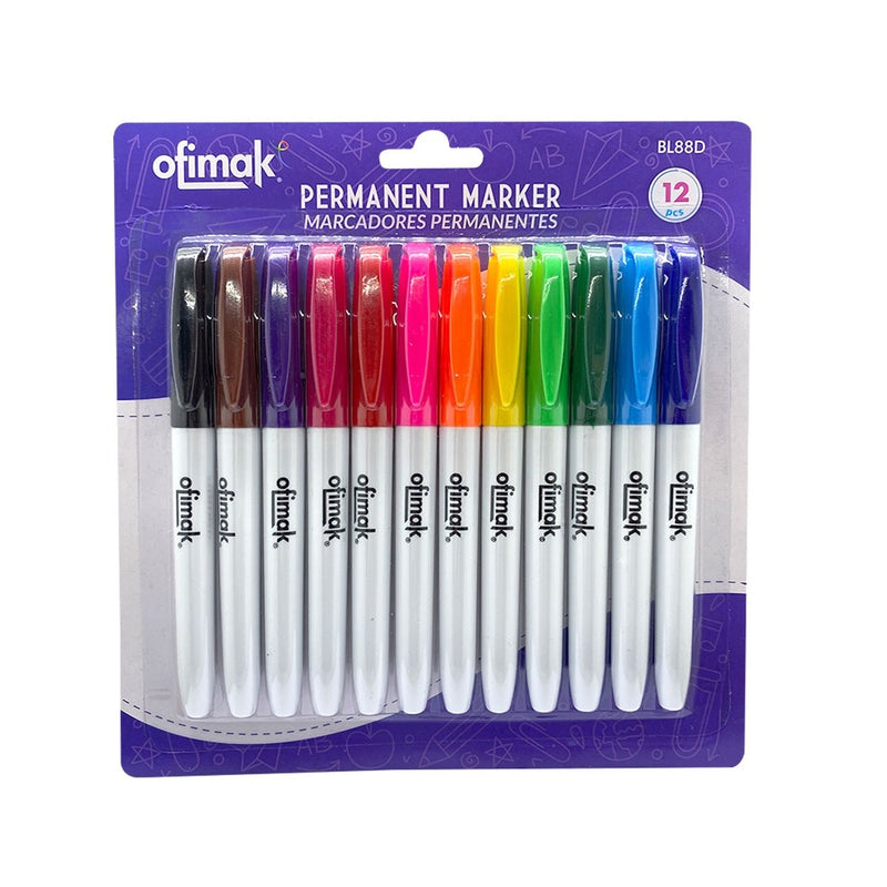 Marcadores permanentes de colores surtidos Ofimak, paquete de 12 unds