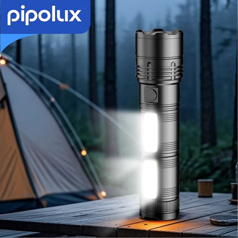 Linterna LED Recargable 20W 1000LM con Zoom Telescópico y Batería 1200mAh.  Luz Táctica con Carga Tipo-C y Pantalla Digital, Autonomía 6H. (202X52mm)