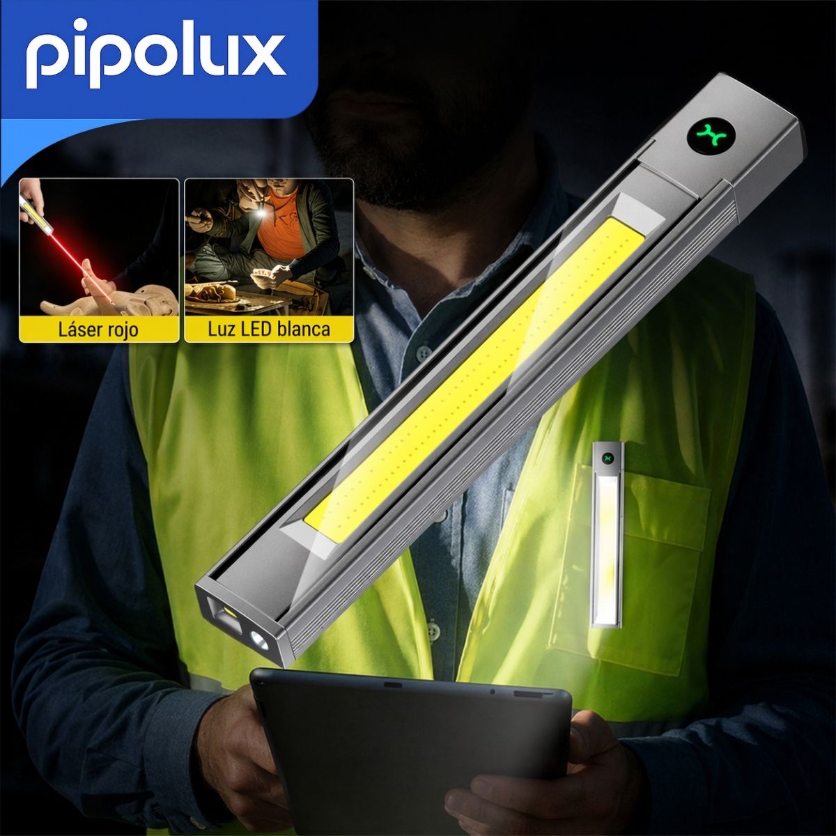 Linterna LED 3W 200LM Recargable Tipo-C con Láser, IP44 y Batería 480mAh. Lámpara Portátil con Clip y Magneto 6000-7000K de Aluminio + ABS + PC (14.5x12cm)