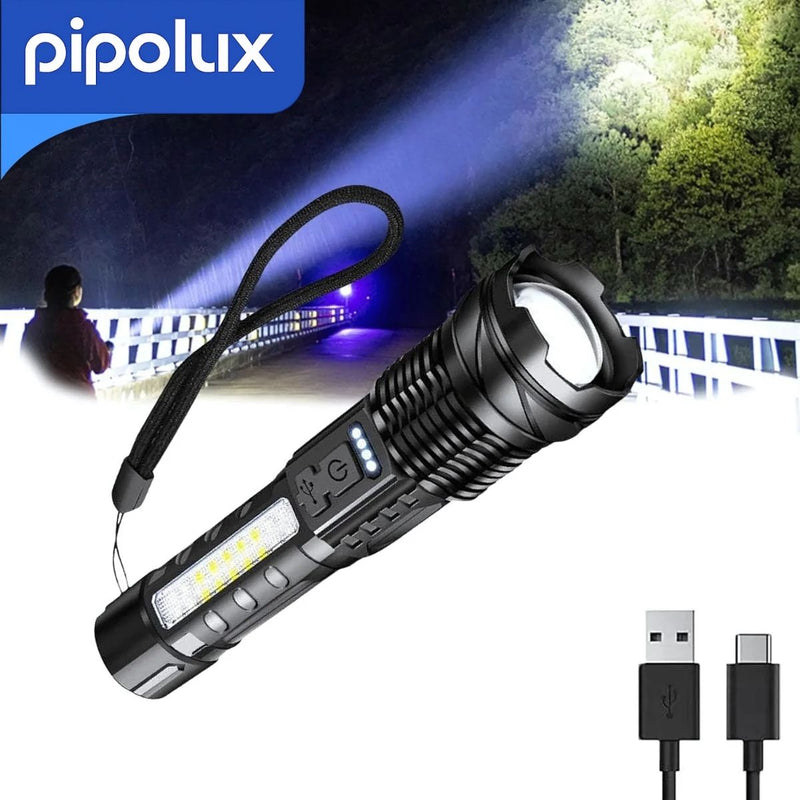 Linterna LED PIPOLUX 800LM Recargable 2600mAh Tipo-C con Zoom Telescópico, Alcance 1000-1500m, Indicador de Carga. Luz Portátil de Aluminio + ABS, (16.5x4.1x2.8cm)