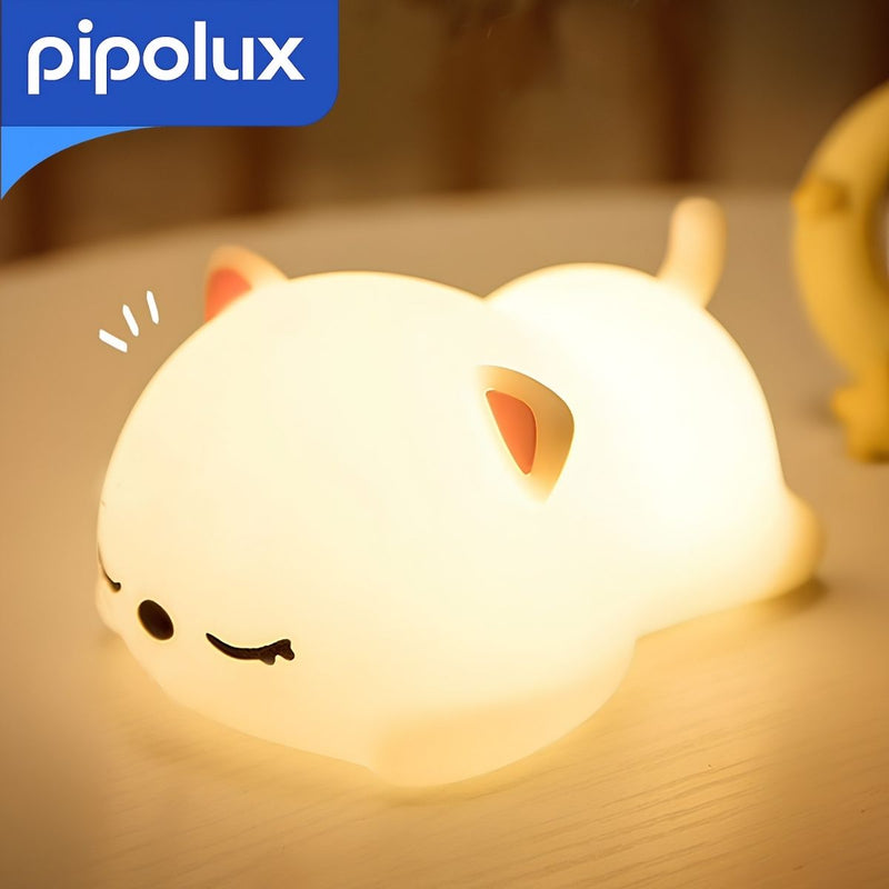Lámpara LED Infantil Recargable de Gatito RGB con Control Táctil y Batería 800mAh de Silicona de Grado Alimenticio . Luz Nocturna Multicolor USB-C (9.8X13.5X7cm)