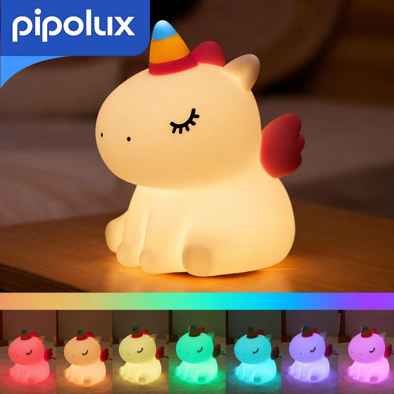 Lámpara LED Infantil Recargable de Unicornio RGB con Control Táctil y Batería 800mAh de Silicona de Grado Alimenticio . Luz Nocturna Multicolor USB-C (9.5X13X14cm)