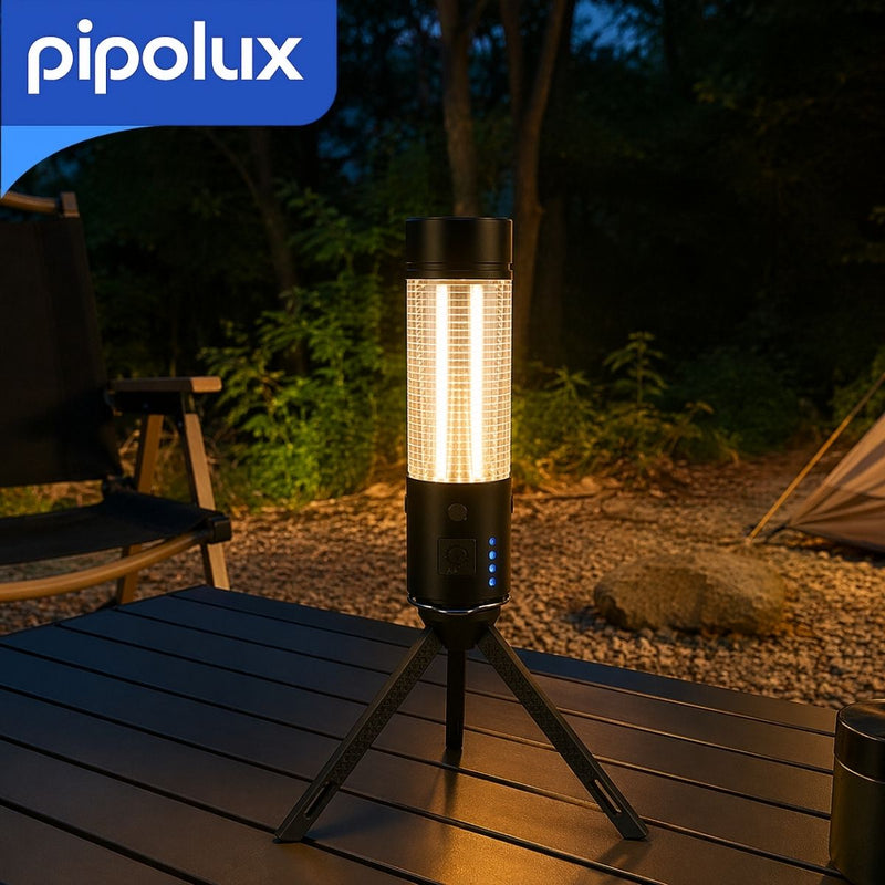Linterna LED Recargable 5W con Trípode y Alcance 50-100m. Lámpara Portátil con Autonomía 4-8H, Resistente al Agua IPX5, Batería 2600mAh. Ideal para Camping (133x35mm)
