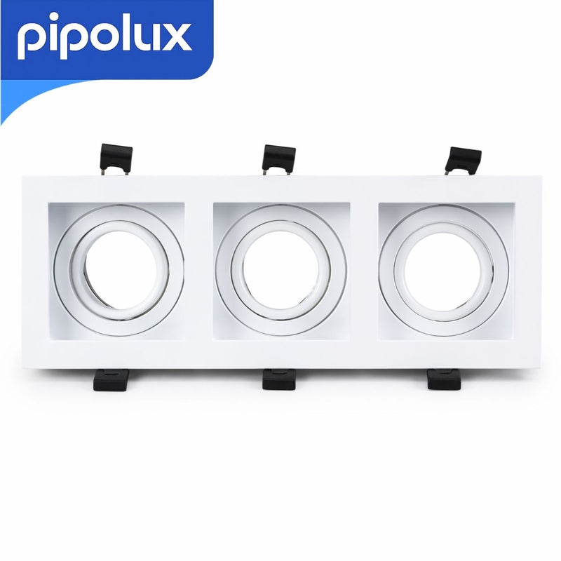Aro Empotrable Triple Cuadrado para Ojo de Buey. Marco para 3 Focos Empotrables de Techo. 102x270x35mm. Color Blanco