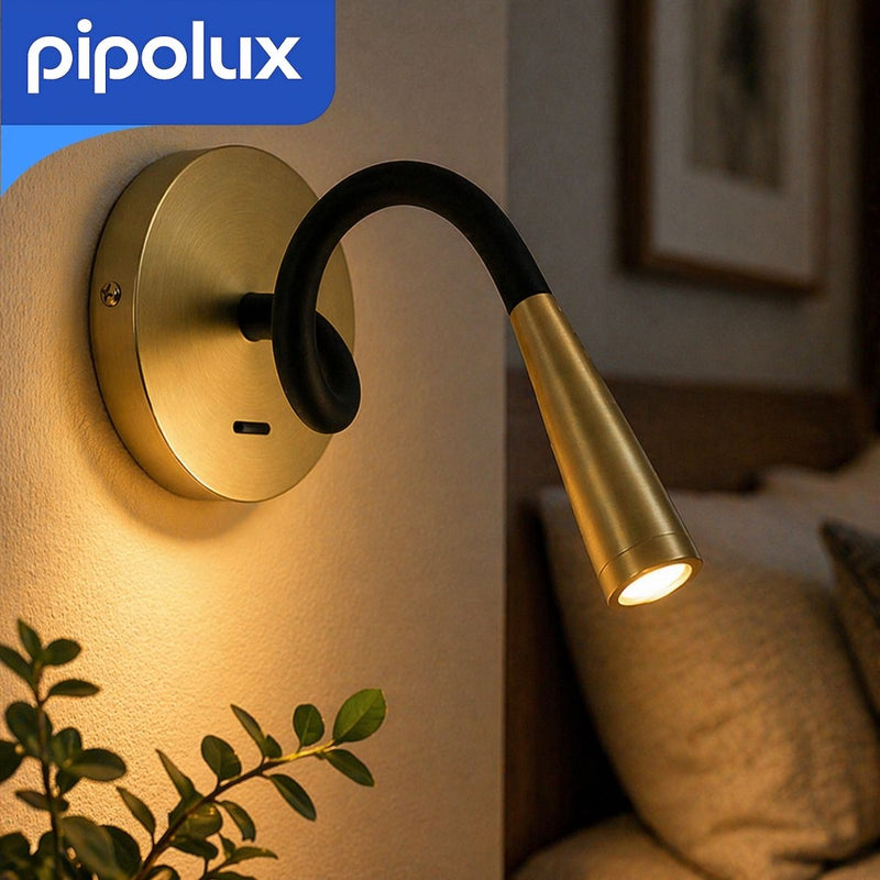 Lámpara COB de Pared con Ra≥80 de Hierro + Aluminio. Base 100x25mm y Cabezal 25x99mm. Aplique de Lectura Flexible Luz Cálida. Color Dorado