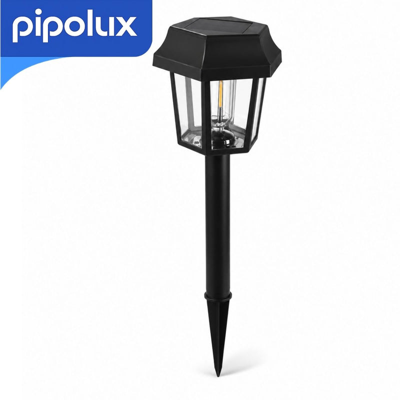 Lámpara Solar LED Tipo Estaca de 0.5W y 1.2V Luz Cálida. Lámpara de Exteriores con Batería 600mAh y 8-10H Autonomía (9.8x8.8x36.5cm) Negra