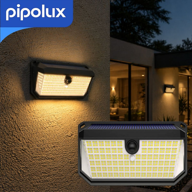 Lámpara Solar LED de Pared con Sensor y 416 LEDs, 400LM y Protección IP64 de ABS+PC. Aplique Exterior Recargable Luz Cálida con Batería 1800mAh (21.85x9.7x6.3cm)