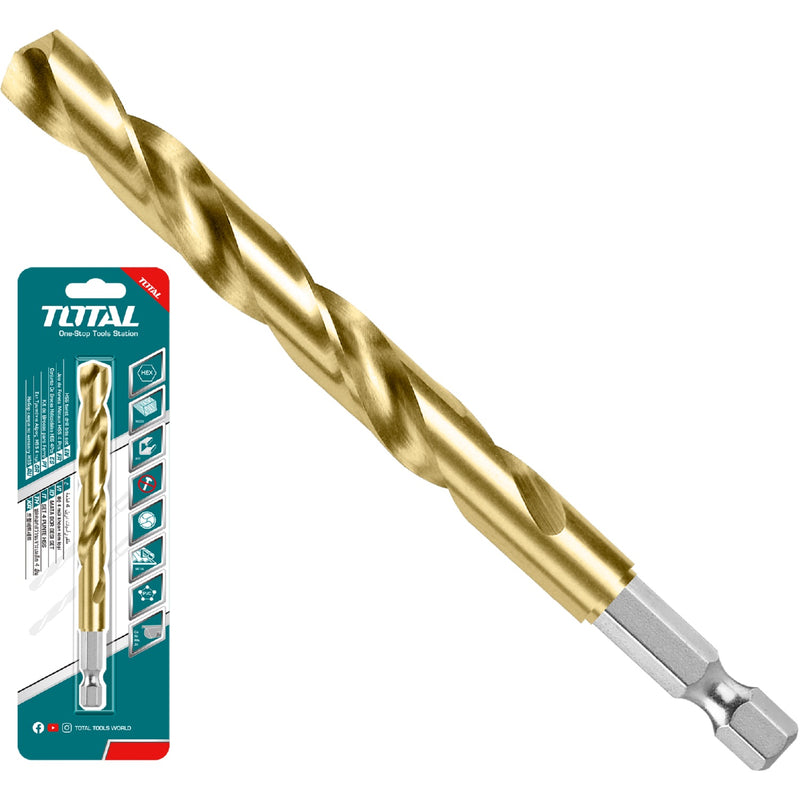 Broca Helicoidal HSS para Metal. 7.5mm. Vástago Hexagonal 1/4" Acabado de Titanio.