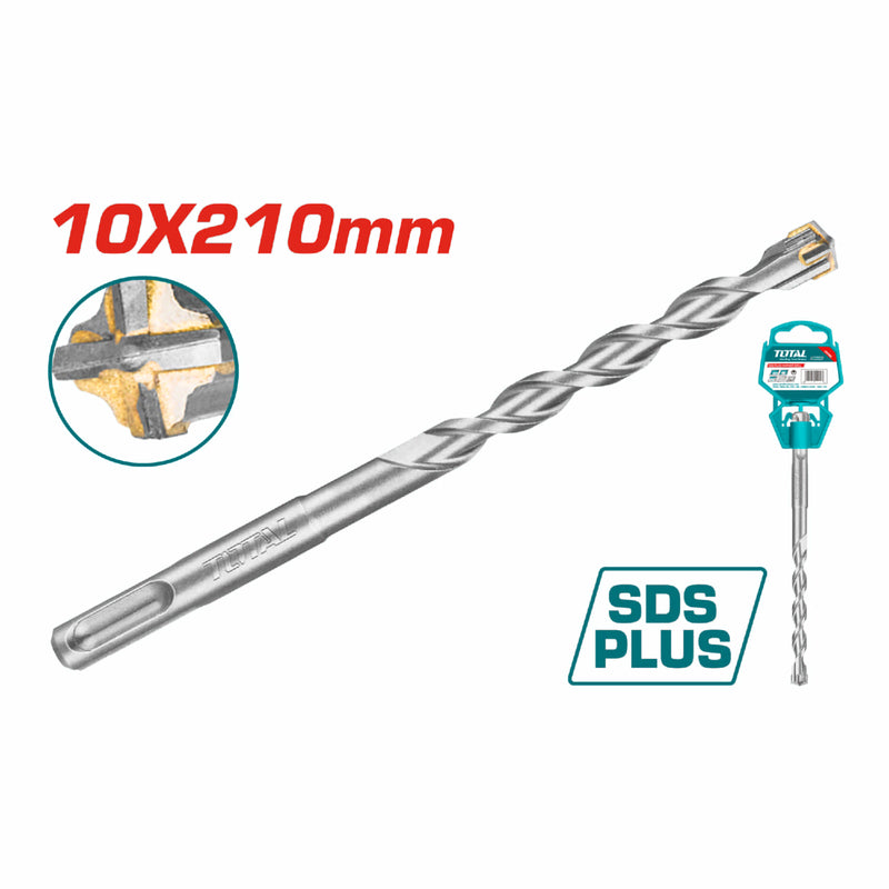 Broca SDS PLUS. Punta TCT en cruz 10X210mm para taladro rotomartillo. Acero cromado.