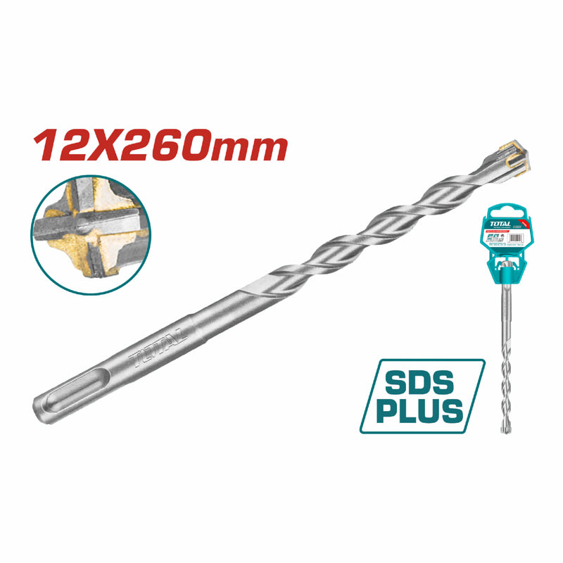 Broca SDS PLUS. Punta TCT en cruz 12X260mm para taladro rotomartillo. Acero cromado.