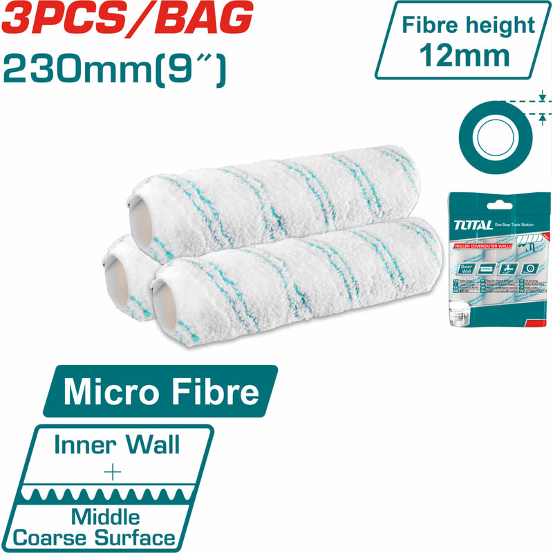Rodillos para pintar 9" Paredes internas. Altura de la fibra 12mm. Microfibra. Cubiertas para rodillos. Set de 3 piezas.