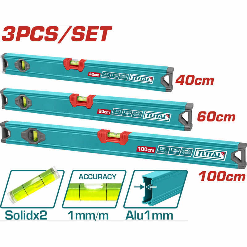 Niveles de Burbuja 40cm 60cm 100cm Espesor de aluminio 1mm. Set de 3 piezas.