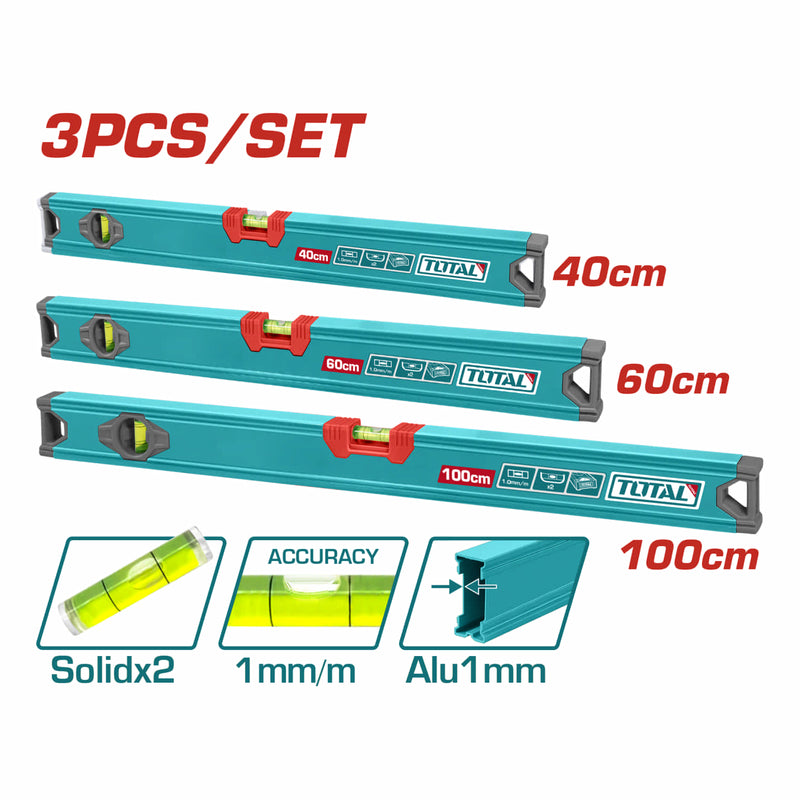 Niveles de Burbuja 40cm 60cm 100cm Espesor de aluminio 1mm. Set de 3 piezas.