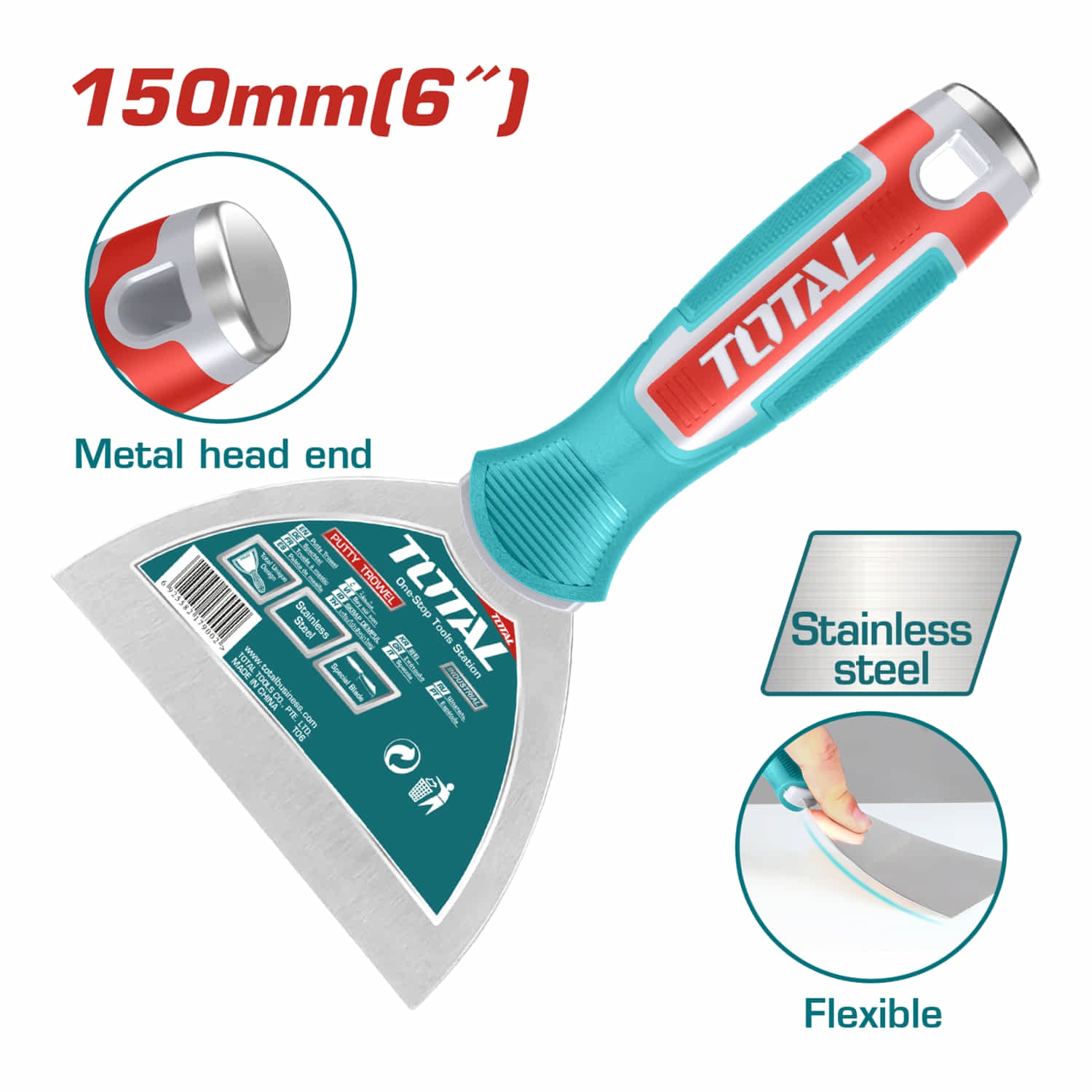 Espátula 6" Acero inoxidable con tratamiento térmico y pulido. Con mango de plástico y metal. Material Flexible.