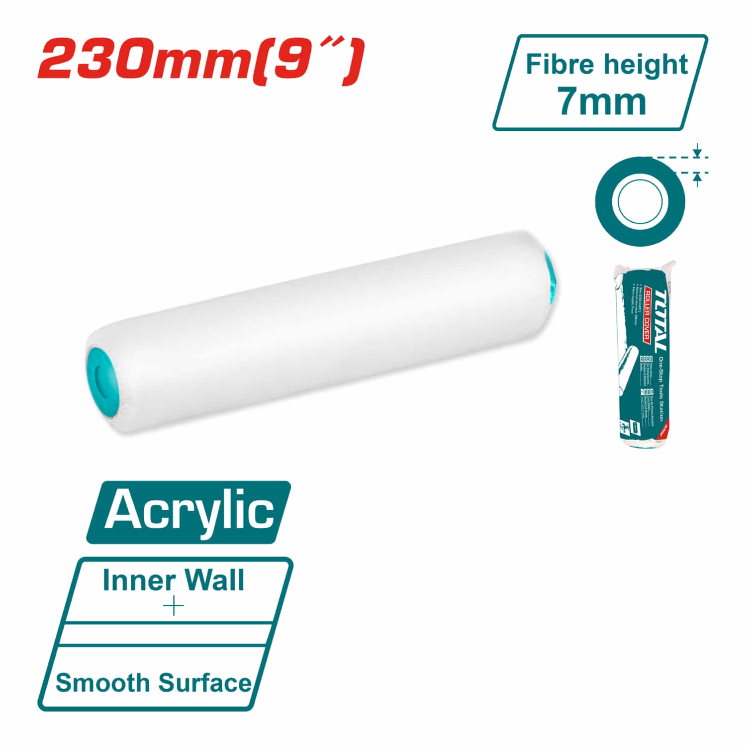 Rodillo para pintar 9" Paredes internas. Altura de la fibra 7mm. Acrílico. Cubierta para rodillo.