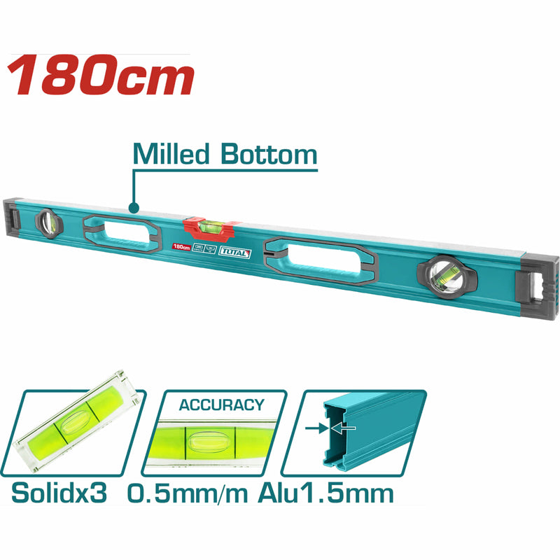 Nivel de Burbuja 180cm. Fresado en ambos lados. Burbujas nivel de precisión 0.5mm Grosor 1.5mm Ranuras en forma de V para medir objetos. Alta precisión. Alta calidad.
