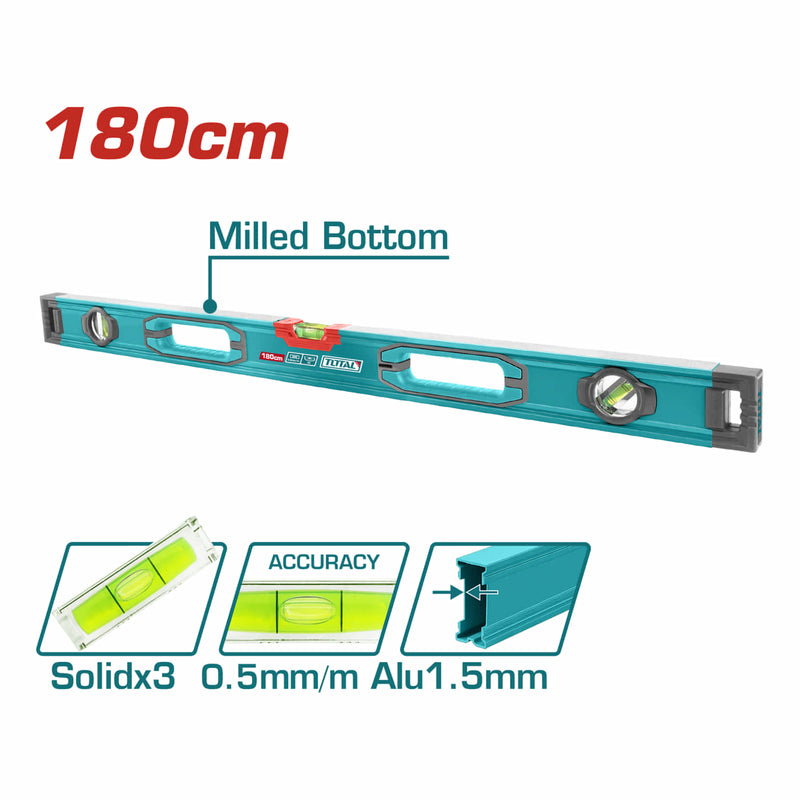 Nivel de Burbuja 180cm. Fresado en ambos lados. Burbujas nivel de precisión 0.5mm Grosor 1.5mm Ranuras en forma de V para medir objetos. Alta precisión. Alta calidad.