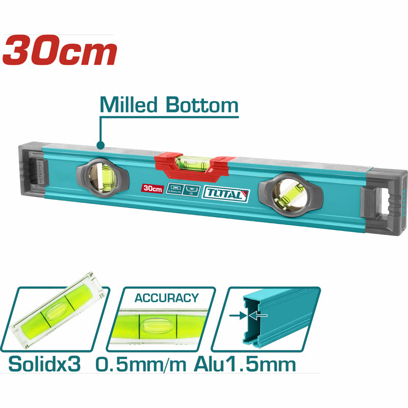 Nivel de Burbuja 30cm. Fresado en ambos lados. Burbujas nivel de precisión 0.5mm Grosor 1.5mm Ranuras en forma de V para medir objetos. Alta precisión. Alta calidad.