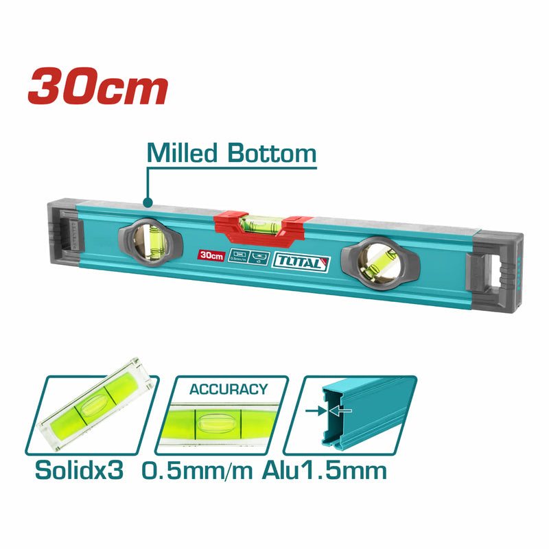 Nivel de Burbuja 30cm. Fresado en ambos lados. Burbujas nivel de precisión 0.5mm Grosor 1.5mm Ranuras en forma de V para medir objetos. Alta precisión. Alta calidad.
