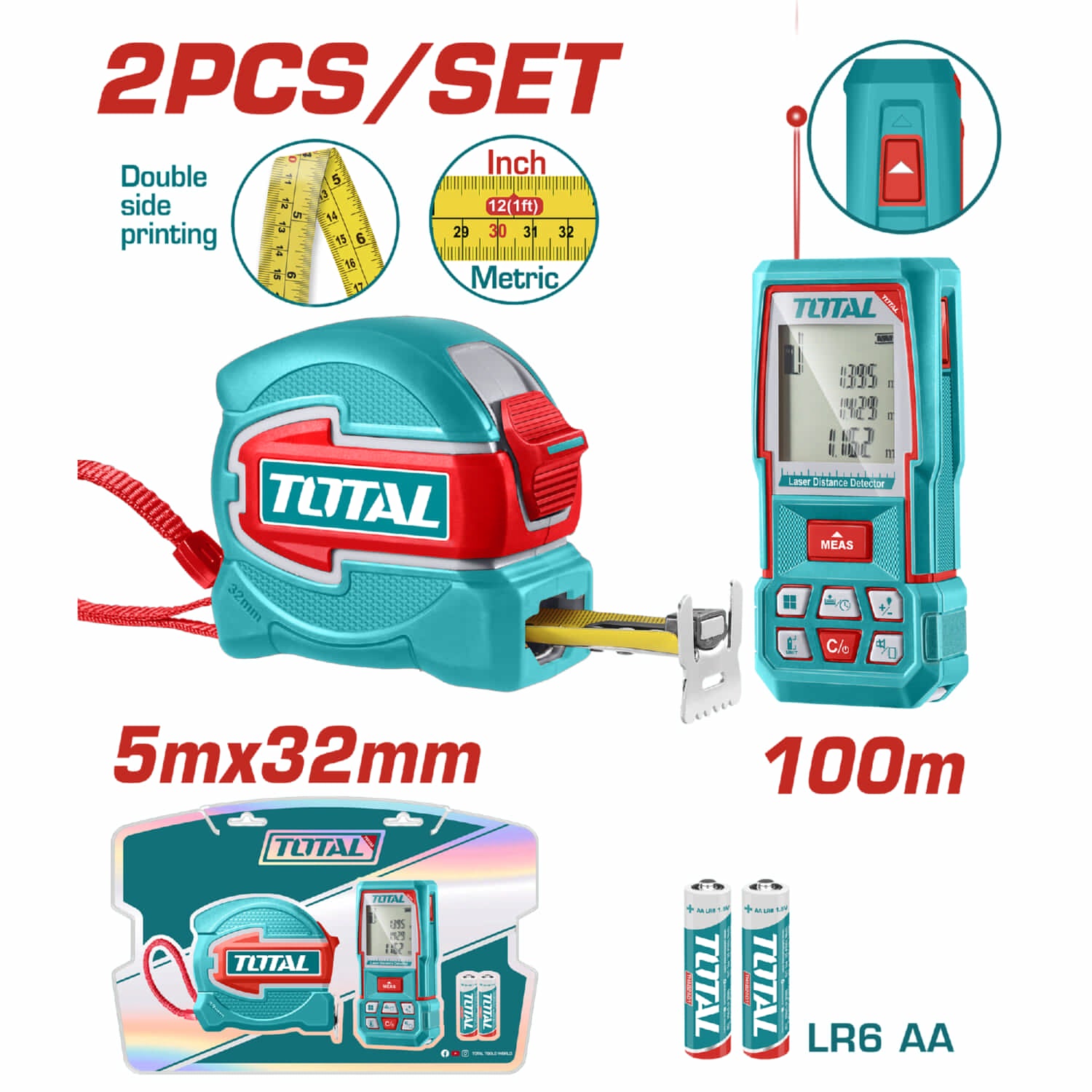Combo Total Detector Láser de Distancia 0,05 – 100m  ±2,0 mm y Cinta Métrica 5mx32mm Gancho doble con imán .POCAS UNIDADES