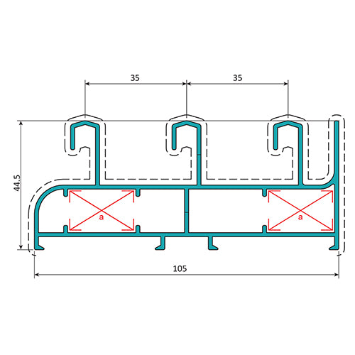 Marco Liviano Perimetral 3 Carriles 105 mm. Espesor 1.2 mm. Largo 5.85 mts. Acabado Anodizado Negro