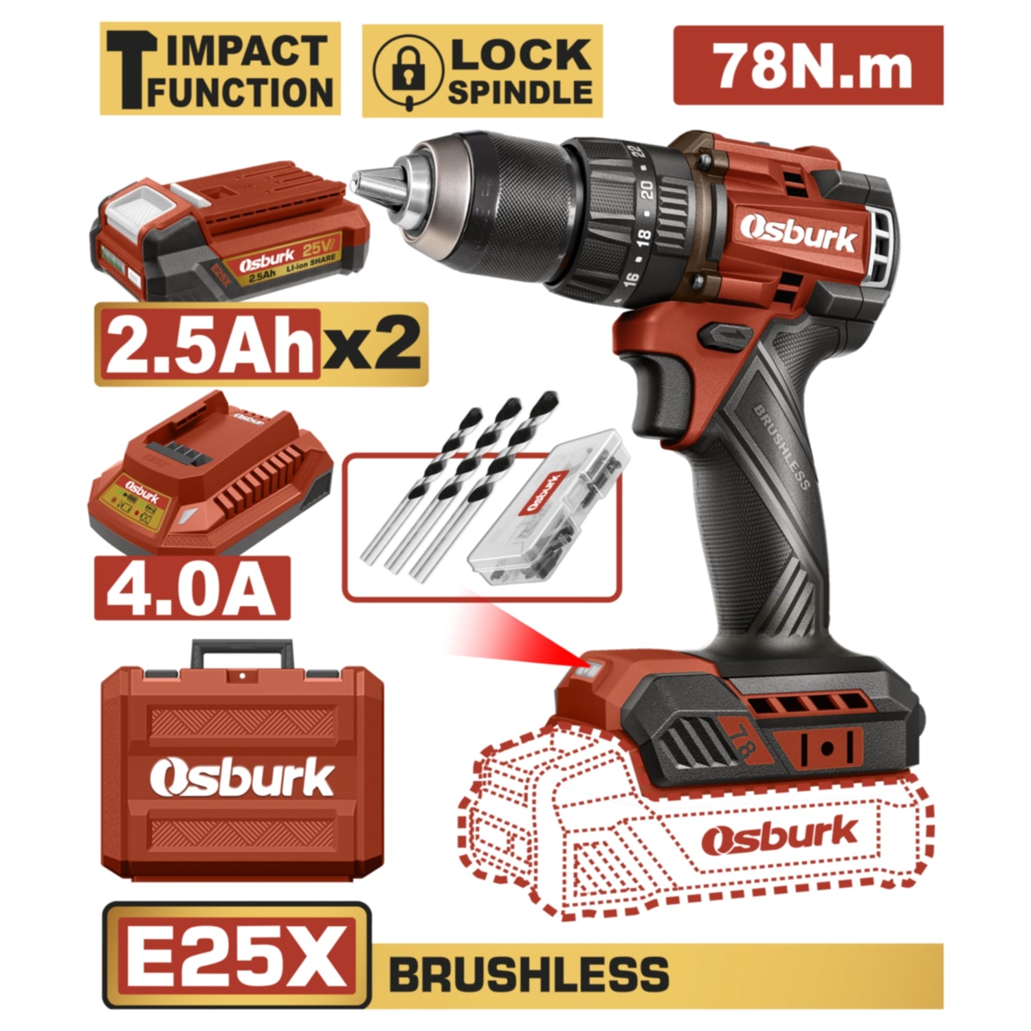 Taladro Inalámbrico drill 78Nm. 1/2" 25V Función Impacto. Motor Sin Escobillas Incluye Batería y Cargador.