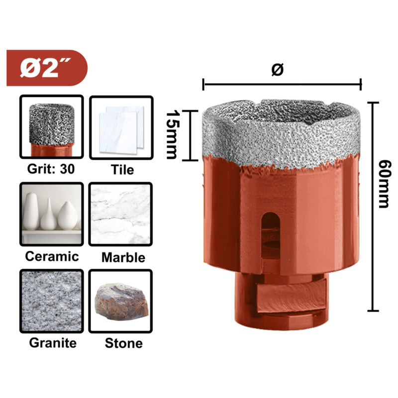 Broca Corona de Diamante Soldada 2" Grano de Diamante 30" Rosca Interna 5/8"-11 sacabocado concreto granito