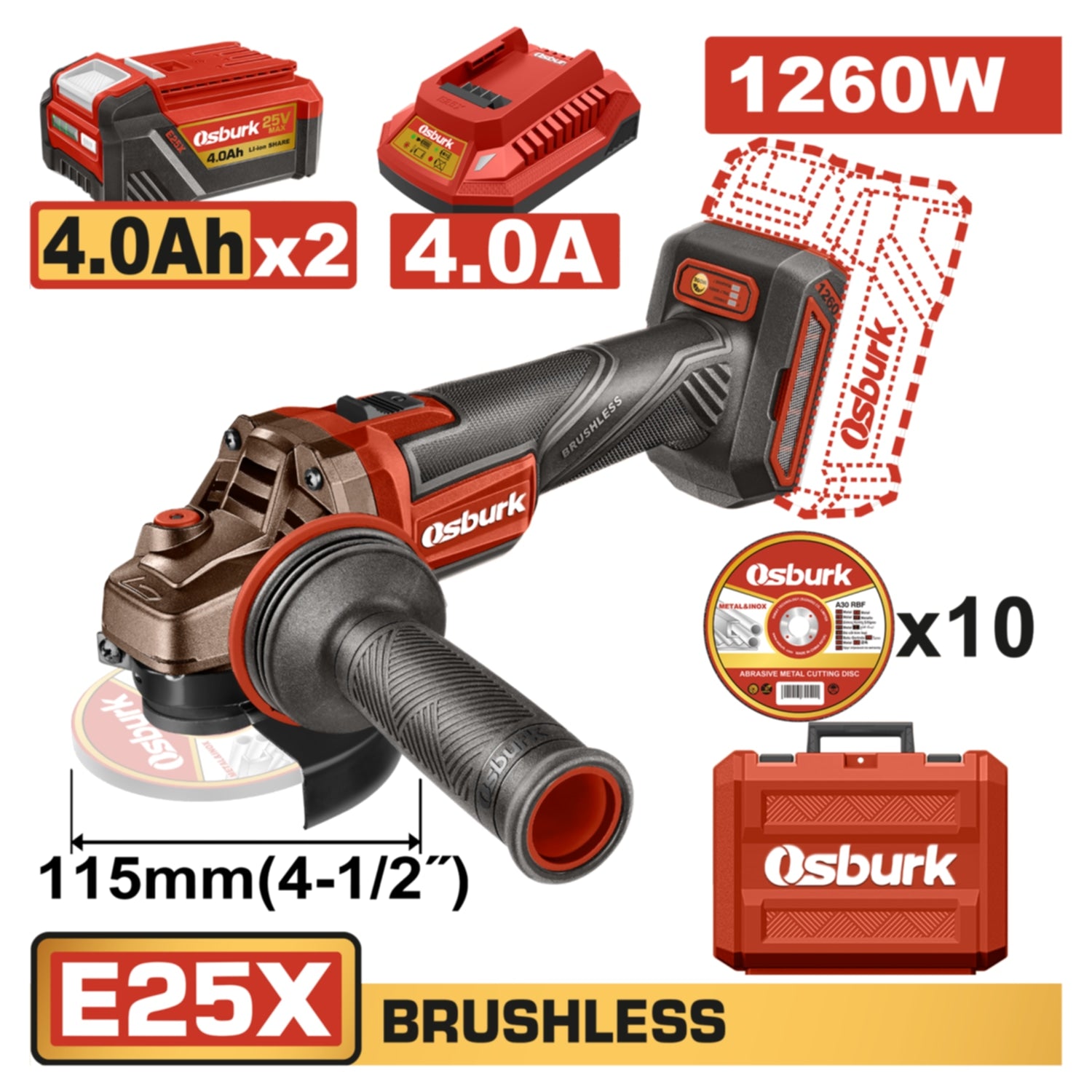 Flexible Esmeriladora Inalámbrica 1260W 4-1/2" 25V Incluye batería, cargador y accesorios. Amoladora angular