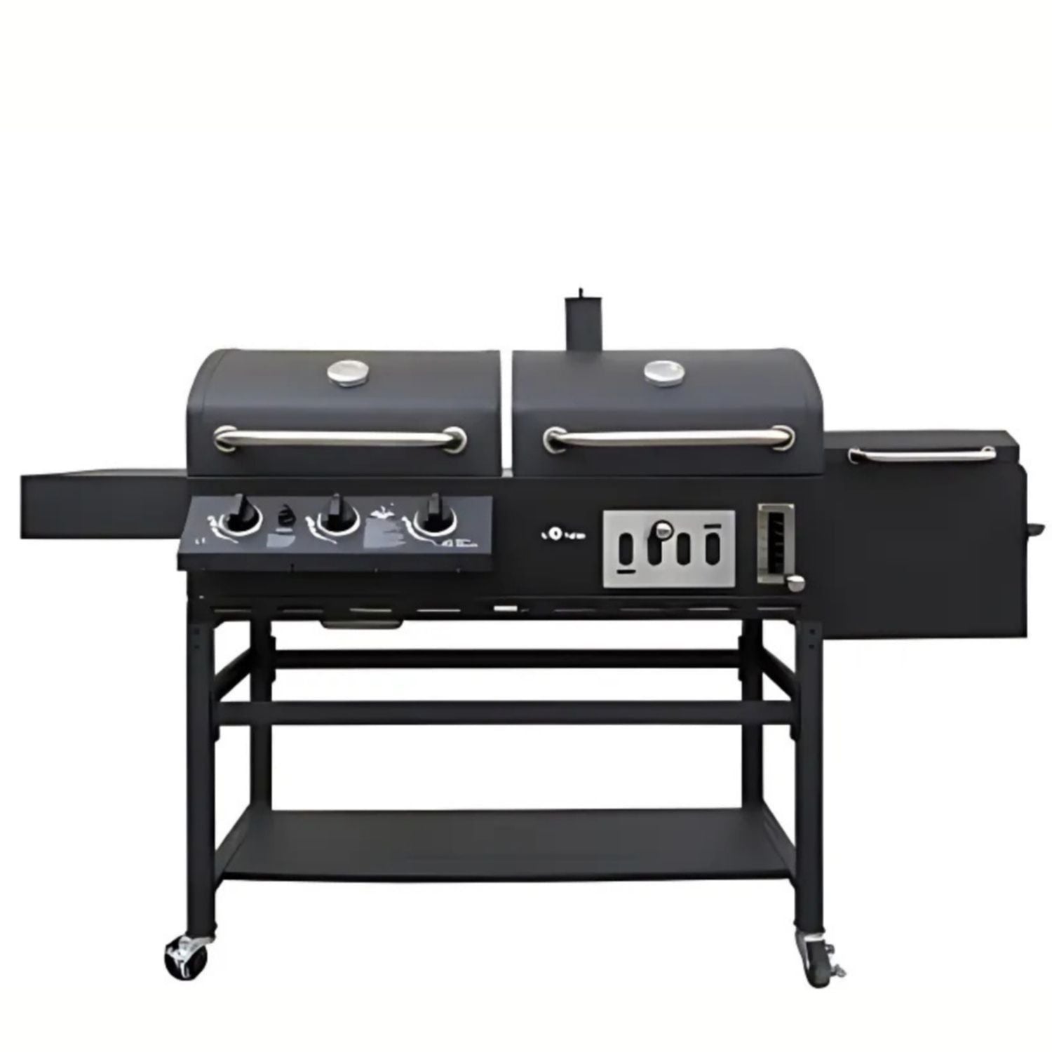 Parrilla híbrida de combustible dual gas y carbón 195 cm hierro con tapa, estante y caja de ahumado. Asador de Gas y Carbón Barbacoa asador