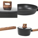 Ollas Antiadherentes de Aluminio Forjado con Granito Negro incluyen Tapa de Vidrio y Mango Tipo Madera 100% Libre de teflon. Set de 7 piezas. Set de Ollas y Sartén