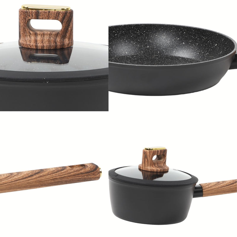 Ollas Antiadherentes de Aluminio Forjado con Granito Negro incluyen Tapa de Vidrio y Mango Tipo Madera 100% Libre de teflon. Set de 7 piezas. Set de Ollas y Sartén