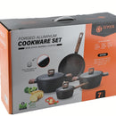 Ollas Antiadherentes de Aluminio Forjado con Granito Negro incluyen Tapa de Vidrio y Mango Tipo Madera 100% Libre de teflon. Set de 7 piezas. Set de Ollas y Sartén