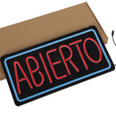 Letrero LED NEON ABIERTO, 50x25cm, Marco Azul y Texto Rojo, 110V con Cadena para Colgar. Moderno y Llamativo.  Rotulo Neón Abierto