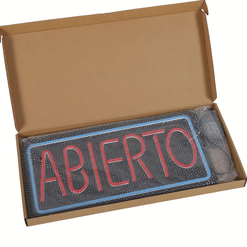 Letrero LED NEON ABIERTO, 50x25cm, Marco Azul y Texto Rojo, 110V con Cadena para Colgar. Moderno y Llamativo.  Rotulo Neón Abierto