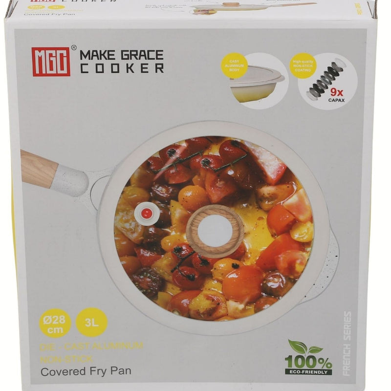 Sartén Antiadherente ceramico con Tapa de Vidrio 28cm Color Blanco con  mango de madera, 100% libre de teflon