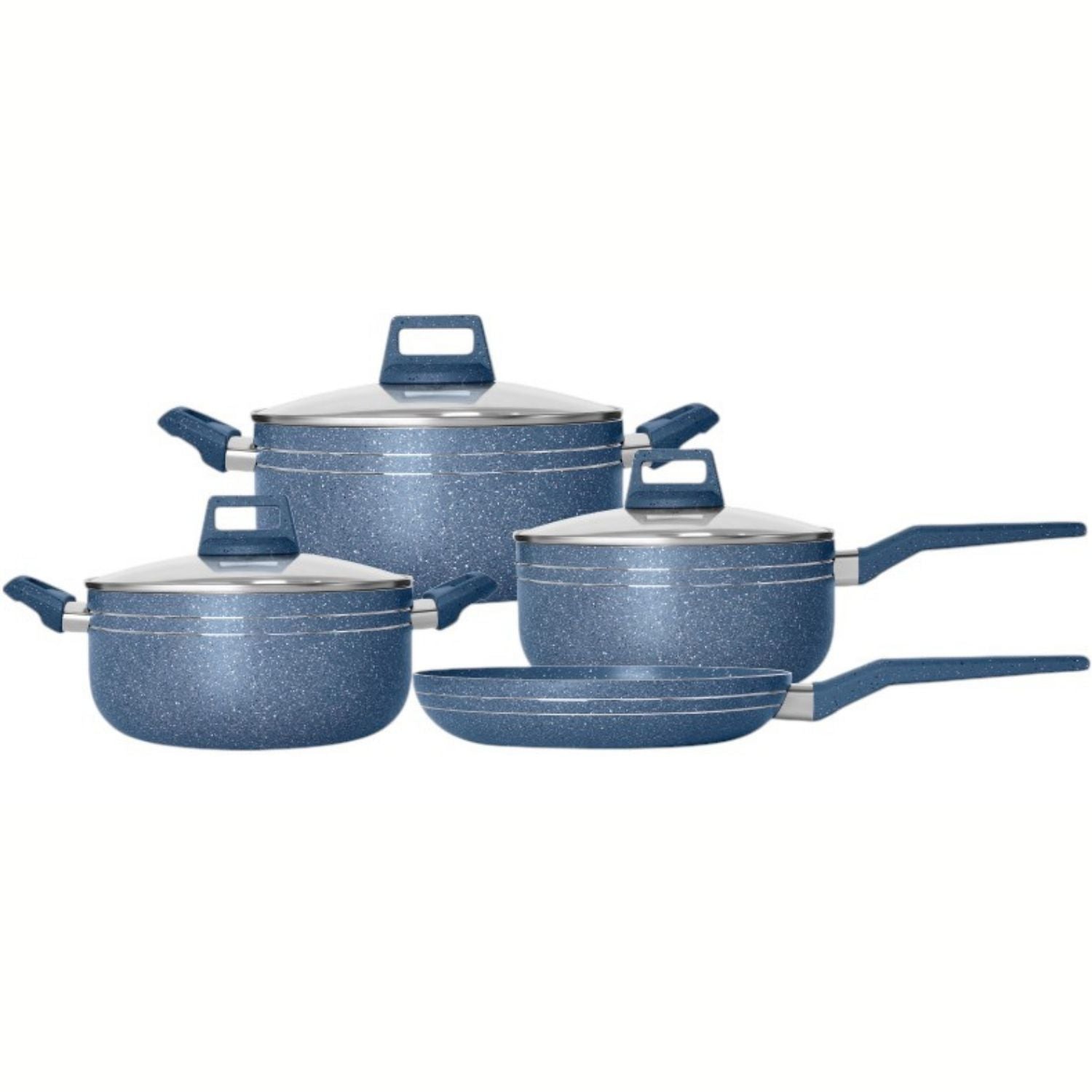 Ollas y Sartén Antiadherentes Tipo Granito Color Azul en Aluminio Revestido con Tapa de Vidrio. 100% libre de teflon. Set de 7 piezas.