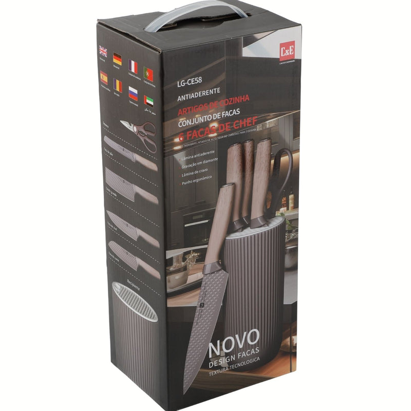 Cuchillos de Cocina  Color Morado Set de 6 Piezas con Soporte. Diseño Texturizado Antiadherente.