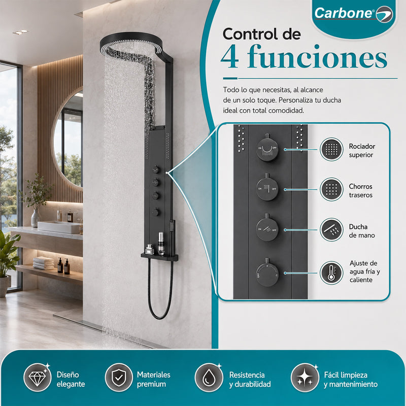 Ducha Negra Tipo Cascada con Cabezal Anillo 40 cm. Panel de Ducha de Acero Inoxidable con Hidromasaje y Mezclador Multifunción. Negra