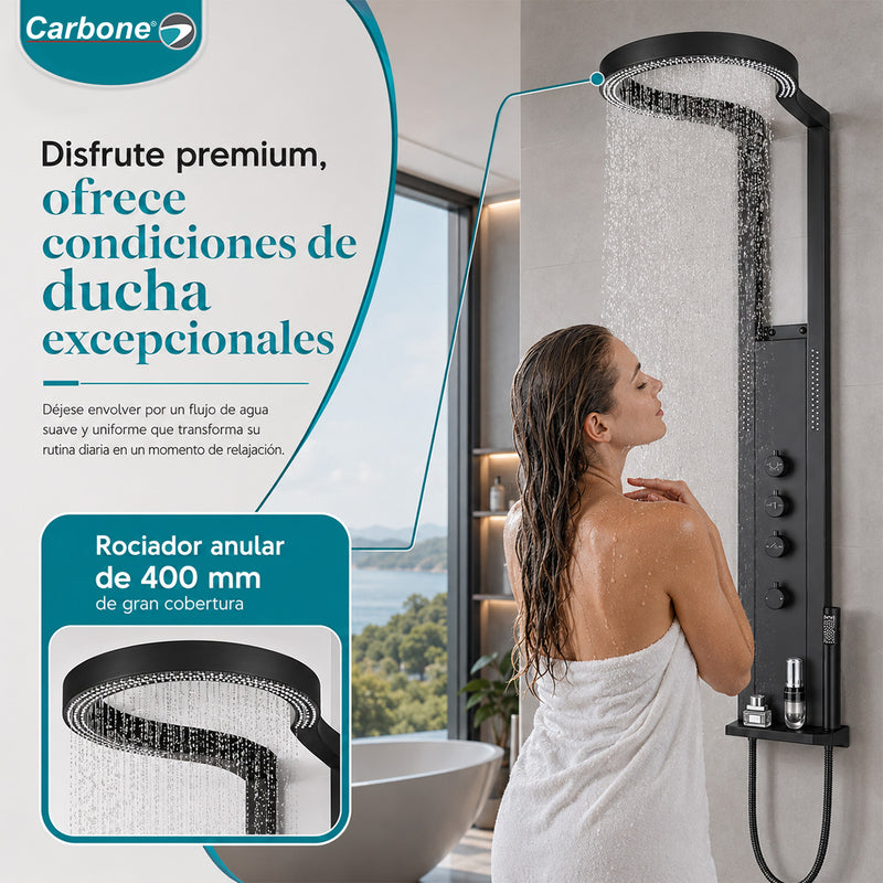 Ducha Negra Tipo Cascada con Cabezal Anillo 40 cm. Panel de Ducha de Acero Inoxidable con Hidromasaje y Mezclador Multifunción. Negra