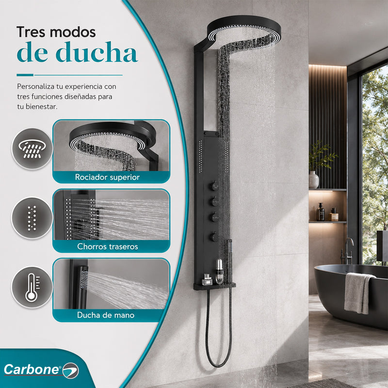 Ducha Negra Tipo Cascada con Cabezal Anillo 40 cm. Panel de Ducha de Acero Inoxidable con Hidromasaje y Mezclador Multifunción. Negra