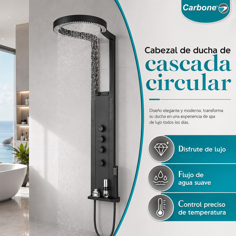 Ducha Negra Tipo Cascada con Cabezal Anillo 40 cm. Panel de Ducha de Acero Inoxidable con Hidromasaje y Mezclador Multifunción. Negra