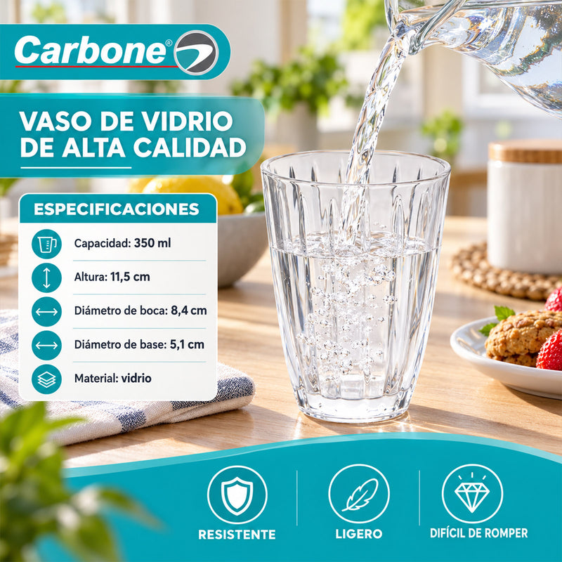 Vaso de Vidrio Transparente (350ml). Diseño Elegante con Relieve para Agua, Jugos, Refrescos, Cócteles y Otras Bebidas.