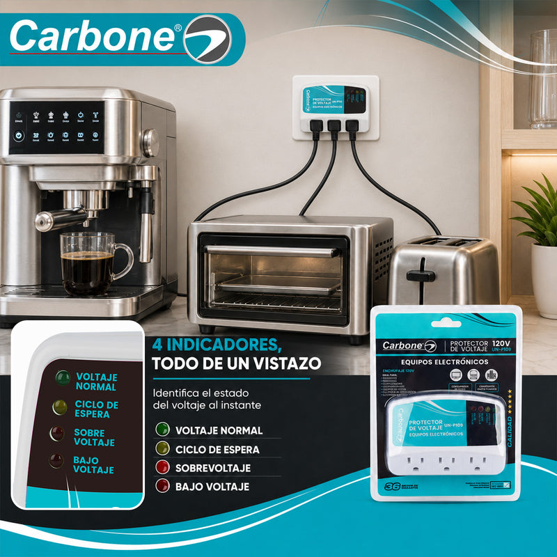 Protector De Voltaje 120V 50/60Hz.Corriente 10A con 3 Tomas. Ideal Para Electrodomésticos y Equipos Electrónicos con Retardo 180 Seg (3Min)