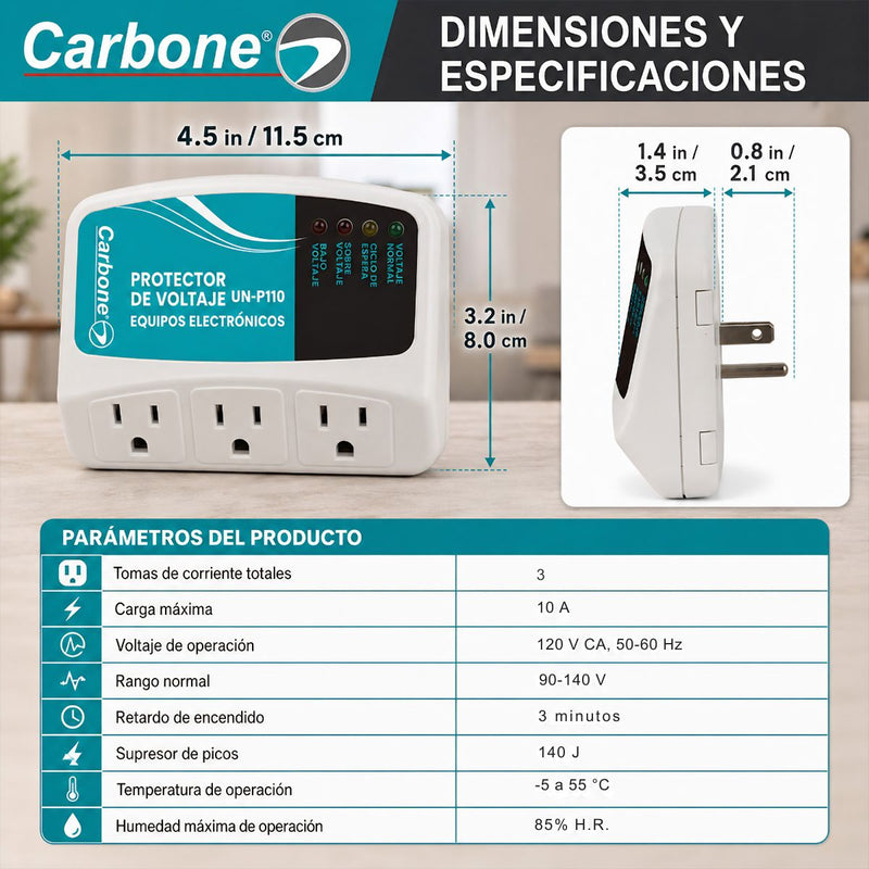 Protector De Voltaje 120V 50/60Hz.Corriente 10A con 3 Tomas. Ideal Para Electrodomésticos y Equipos Electrónicos con Retardo 180 Seg (3Min)