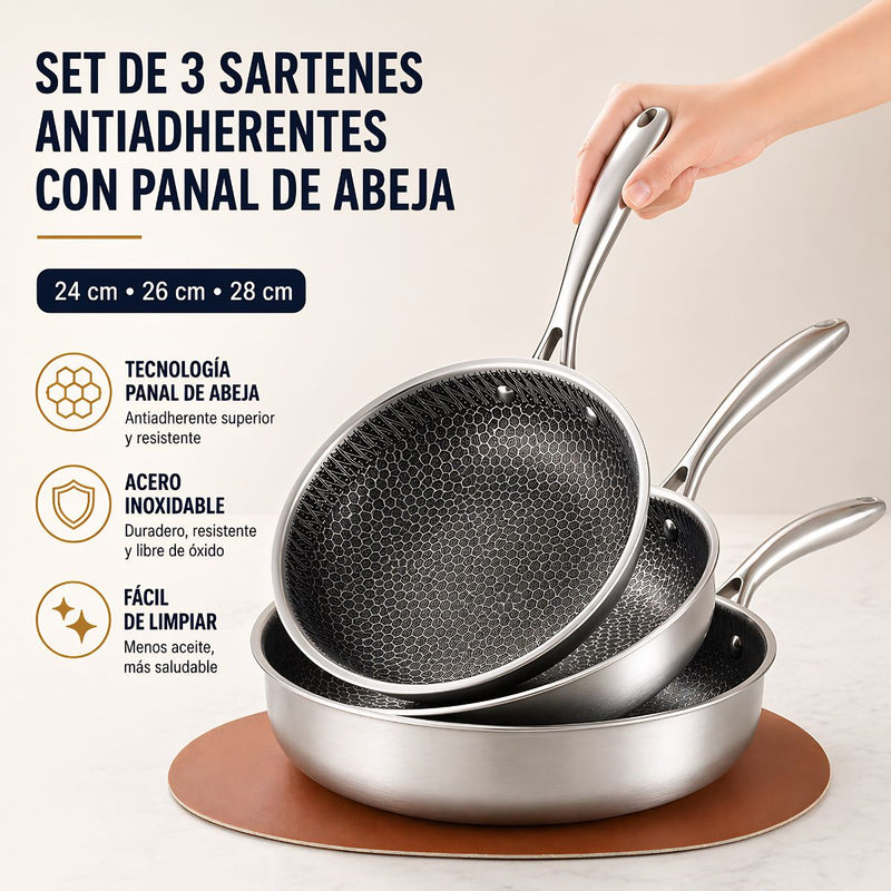 Sartenes Antiadherentes Con Panal De Abeja. Set De 3 Piezas (24-26-28Cm). Acero Inoxidable.