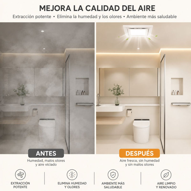 Extractor de aire para Baño con LED 8” Cuadrado con 3 Tonos de Luz y Ventilador Integrado 170m³/h. Panel Extractor para Techo. Color Blanco