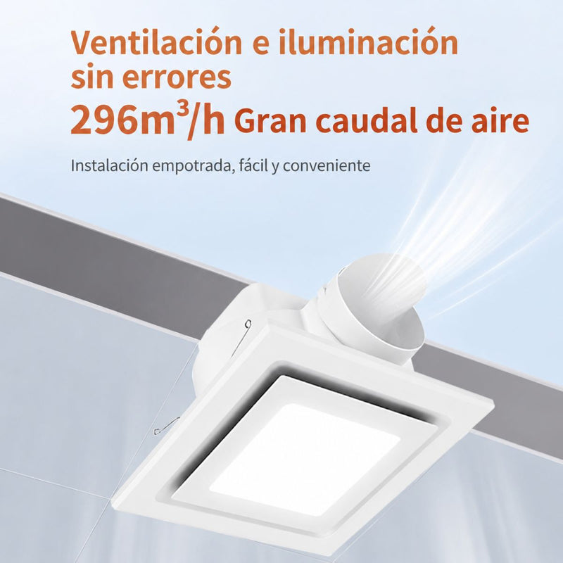 Extractor de aire para Baño con LED 8” Cuadrado con 3 Tonos de Luz y Ventilador Integrado 170m³/h. Panel Extractor para Techo. Color Blanco